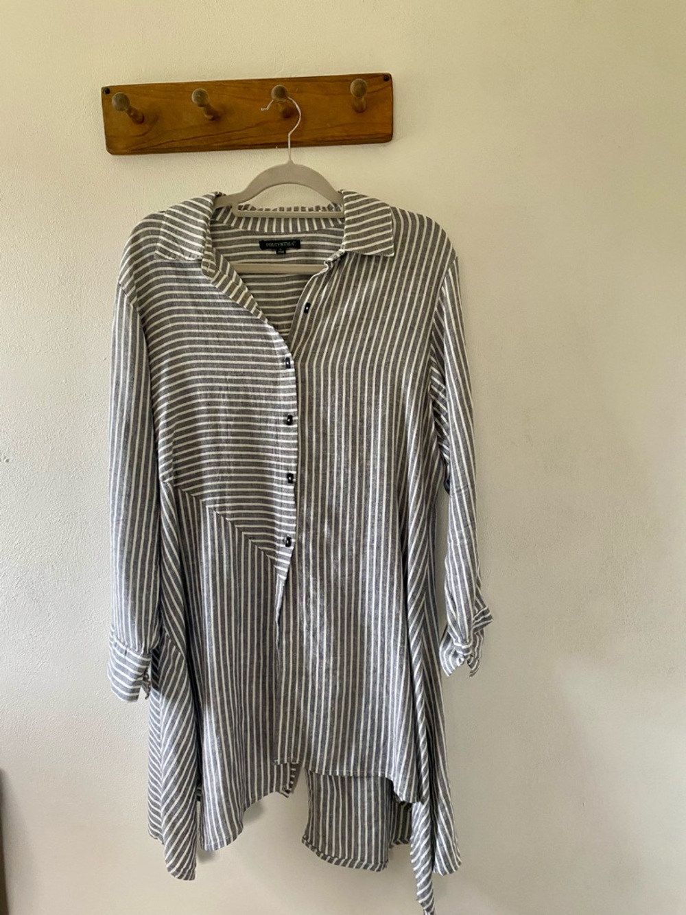 For Cynthia Striped Longline Asymmetrical Button-Up Shirt - Gray/White, L